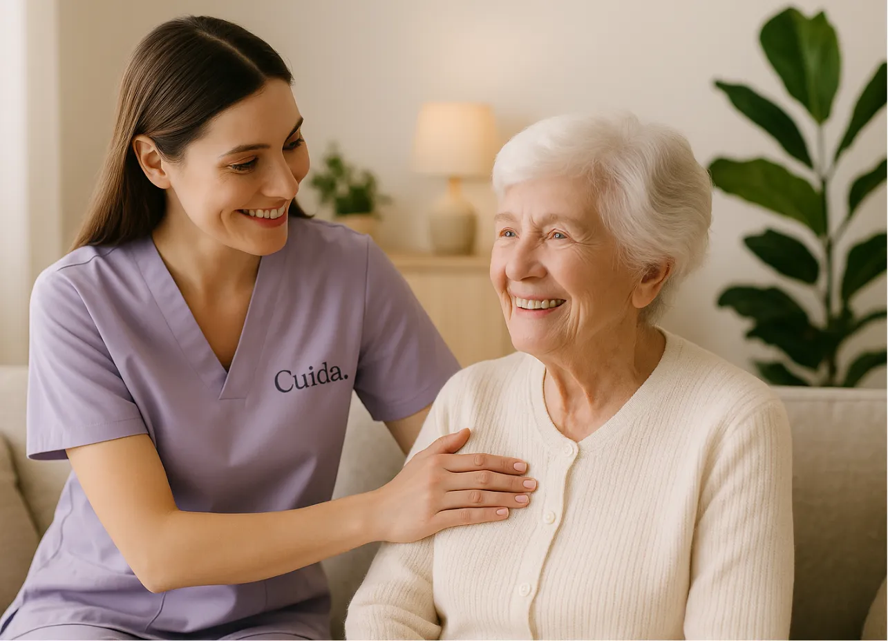 Cuidadora da Cuida Home Care conversando com uma senhora idosa na sala de casa